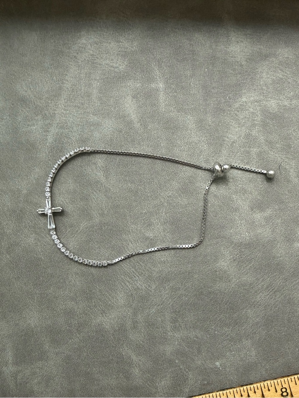 Silver tone Cubic Zirconia Cross Slider adjustable Bracelet